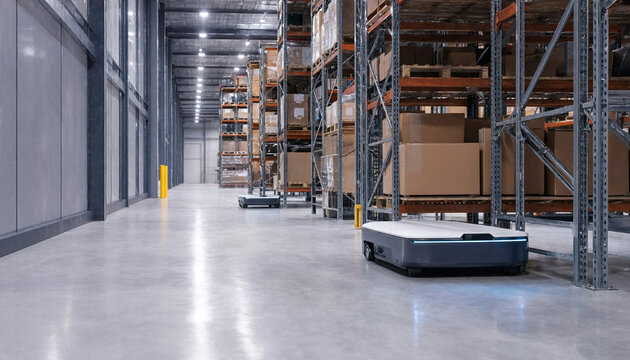 Automated mobile robot moving inventory in a modern warehouse facility with warehouse automation logistics autonomous conveyor industrial technology shipping distribution robotics