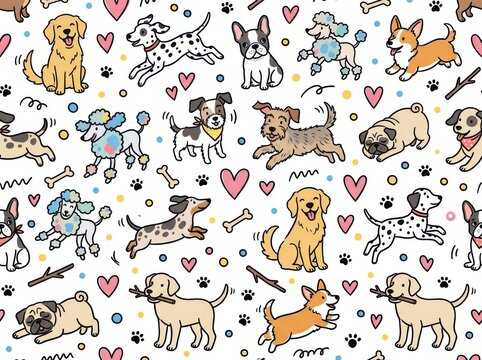 Seamless pattern with cute dogs and puppies