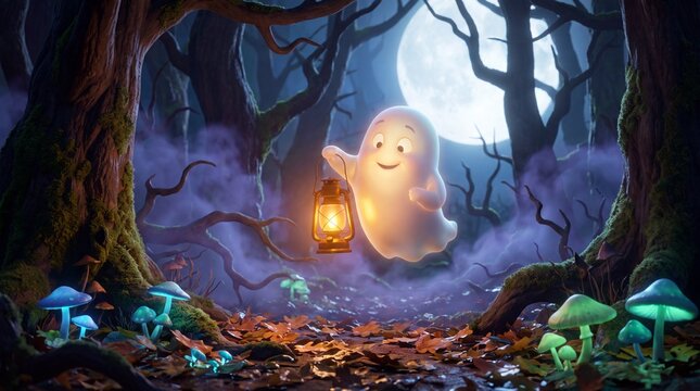 A cute ghost holds a glowing lantern surrounded by mushrooms beneath a large halloween moon