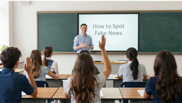 A male teacher conducts a media literacy lesson about fake news. Diverse student group engages in an interactive classroom session