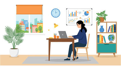 Fototapeta premium Business Woman Working on Laptop at Desk in Office Room with Data Analysis Board Bookshelf Window City View and Wall Clock