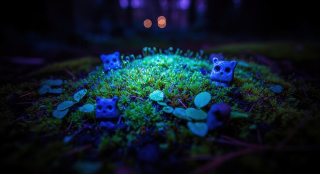 Enchanted Forest Creatures At Night With Glowing Moss And Blue Figurines