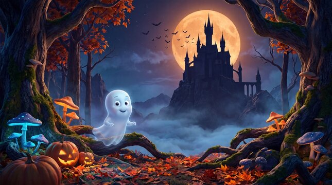 A cute ghost floats before a haunted castle silhouette beneath a giant full halloween moon
