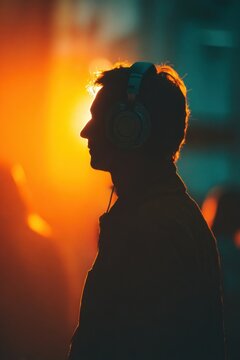 Silhouetted man wearing headphones in warm concert lighting