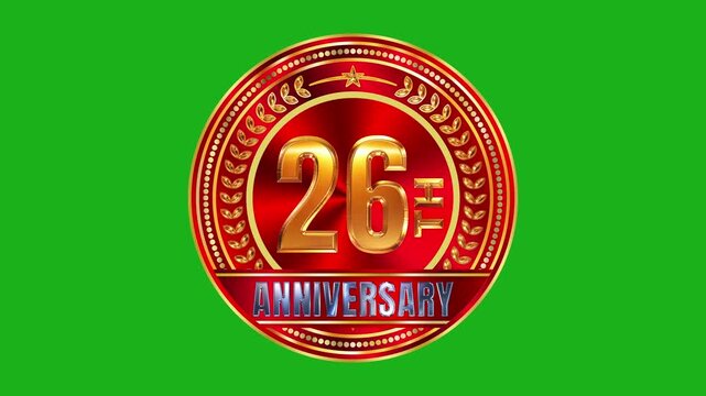 Luxurious 26th anniversary golden emblem with ruby red brushed texture finish and specular rim lighting 4k video