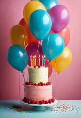 Obraz premium Two-tier birthday cake with lit candles and fresh strawberries surrounded by Colorful balloons on a pink background, Colorful balloons in shades