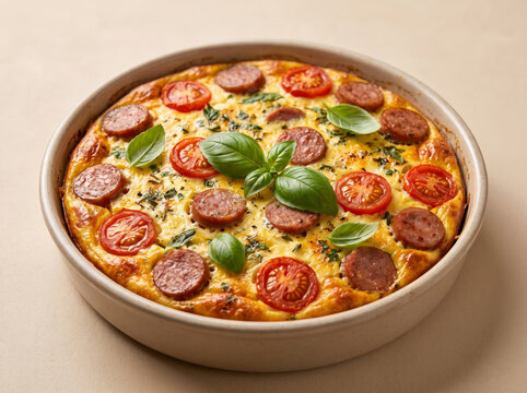 Baked frittata with sliced sausages, cherry tomatoes and basil leaves