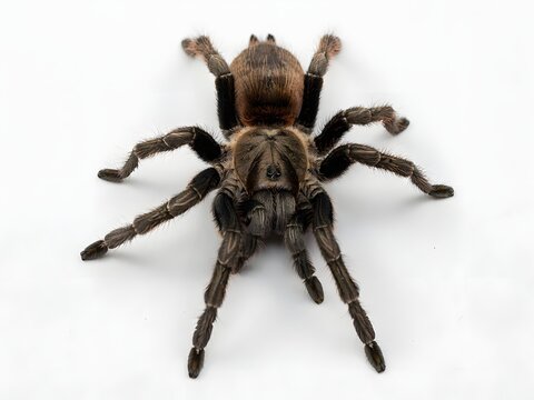 Close-up macro view of a large brown hairy tarantula spider isolated on white background