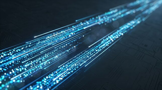 Digital Data Streams Flowing Through Fiber Optic Cables Representing High Speed Internet Connection