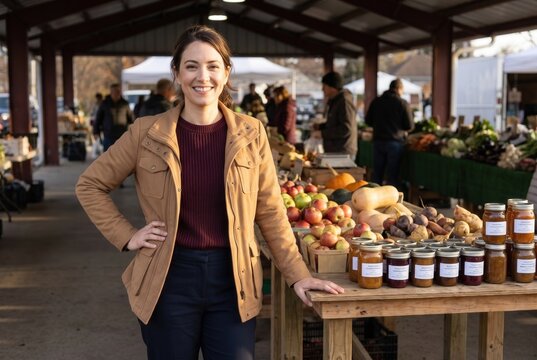 Woman smiling, standing by a table selling fresh fruit, vegetables, and jars at an outdoor market