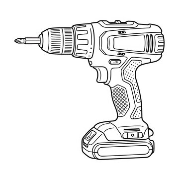 Outline drawing of a cordless power drill with a screwdriver bit attached, a professional handheld electric tool for construction and home improvement projects isolated on transparent background