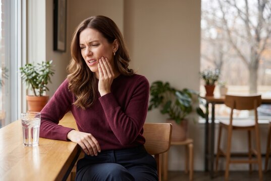 Woman experiencing painful tooth sensitivity with a glass of cold water at a cafe