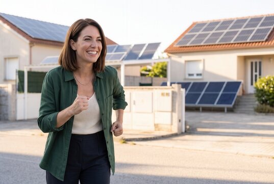 Woman enjoying a jog in a residential street powered by green energy from solar panels