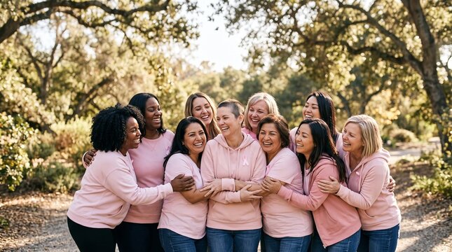 Pink Solidarity: A diverse group of women, clad in pink, stand together in a warm embrace amidst a sun-dappled forest path, radiating strength and sisterhood.