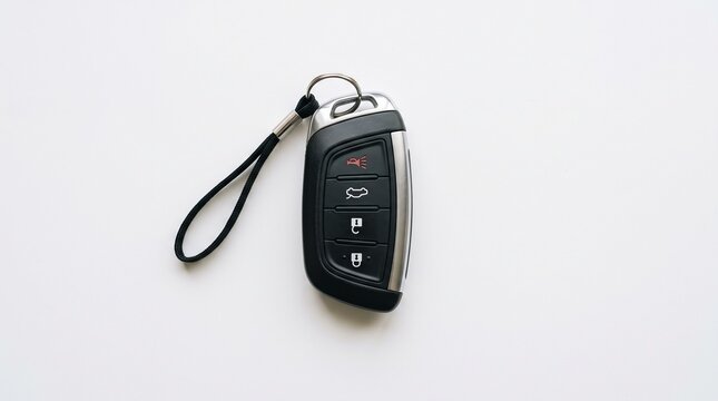 Car Key Fob: A modern car key fob with a lanyard rests on a neutral background, ready for ignition or remote access.