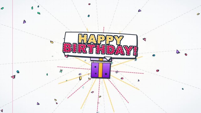 Vibrant and Dynamic Happy Birthday Greeting with Gift Box and Exploding Confetti Particles, Perfect for Celebrations