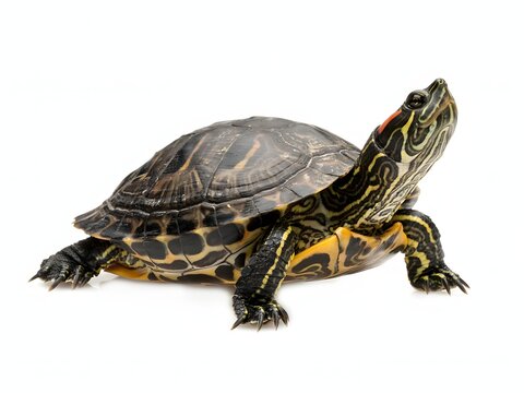 Close-up portrait of wild adult painted turtle basking on white background