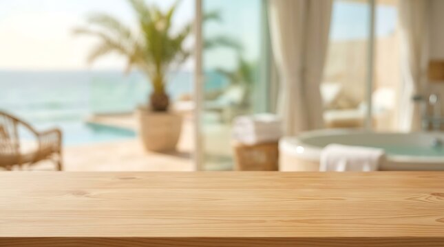Empty Wooden Table Surface with Blurred Tropical Resort Background for Product Mockup Display Interior Presentation.