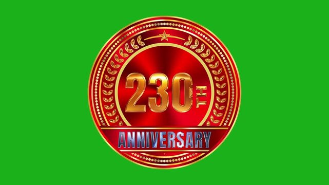 Grand 230th anniversary gold seal set on rich red brushed metal texture with soft glow lighting 4k video