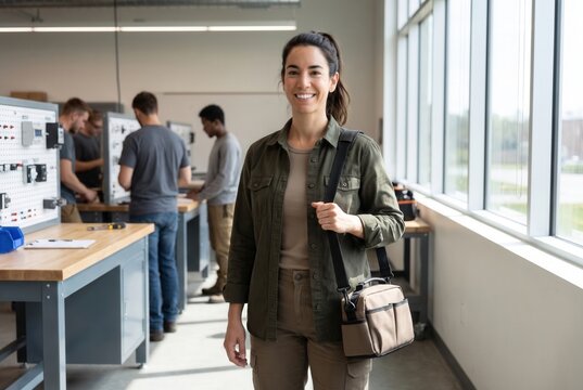 Female student carrying a tool bag, standing in an engineering workshop with classmates