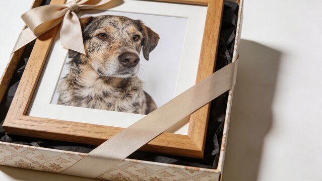 Elegant memorial presentation featuring framed portrait of beloved dog nestled inside open gift box with soft tissue paper satin ribbon wooden picture frame warm natural lighting sentimental remember