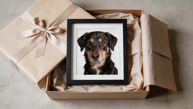 Elegant memorial presentation featuring framed portrait of beloved dog nestled inside open gift box with soft tissue paper satin ribbon wooden picture frame warm natural lighting sentimental remember