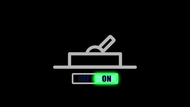 Electric Switch Toggle Icon with ON and OFF animation. electric power switch toggling between ON and OFF positions on a black background.