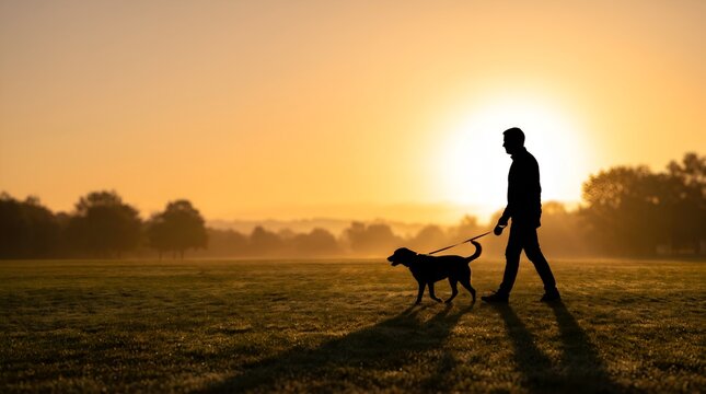 Man walking dog on leash at sunset