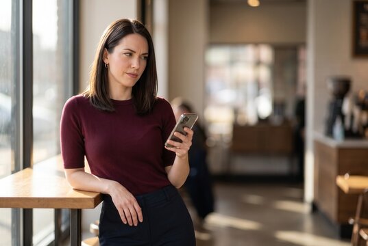 Woman holding a smartphone, thinking or waiting inside a modern cafe
