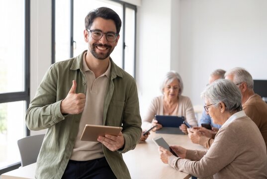Young man smiling, giving thumbs up, teaching elderly people technology in a classroom