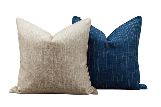 Pair of square decorative pillows in beige and dark blue woven fabric