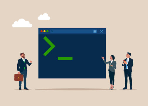Business people with terminal command line interface windows. Software development and programming. Concept for coding. Flat vector illustration