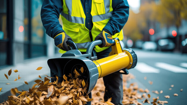Street cleaner using a heavy-duty leaf blower to gather autumn leaves on a pedestrian crosswalk. Municipal maintenance and urban service.