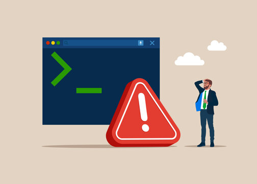 Terminal command line interface windows with exclamation attention sign. Failure, crisis. Software development and programming. Concept for coding. Flat vector illustration