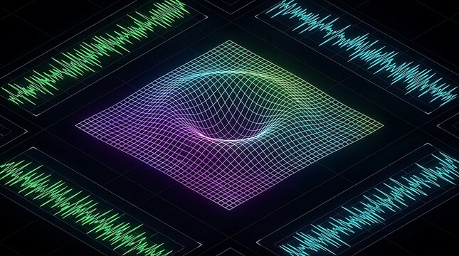 Abstract data visualization with 3D grid surface and digital wave analysis on dark background