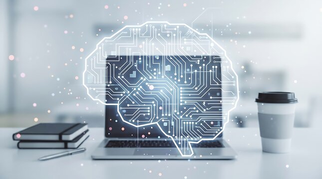 Artificial intelligence concept with digital brain hologram above laptop on desk