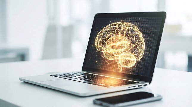 Artificial intelligence digital brain model displayed on laptop screen in modern office