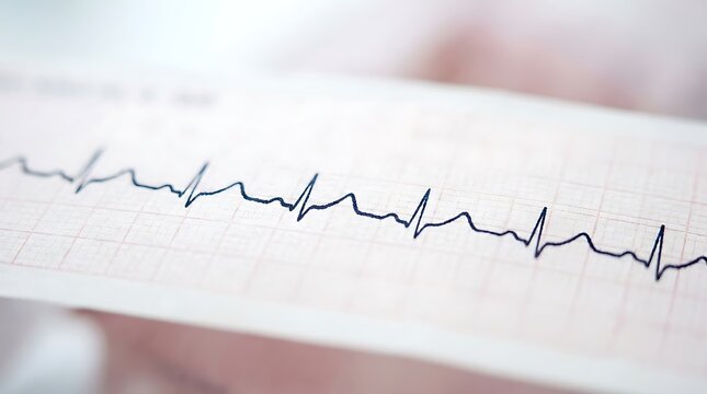 Close up of an electrocardiogram paper strip showing a healthy heart rhythm trace