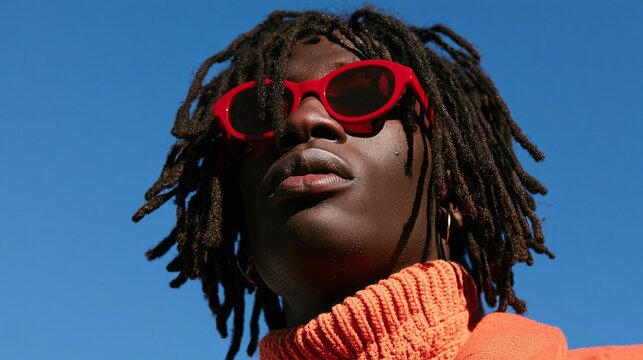 Vibrant portrait of a cool man with dreadlocks and stylish red sunglasses against a bright blue sky, showcasing urban fashion and confident expression in warm sunlight