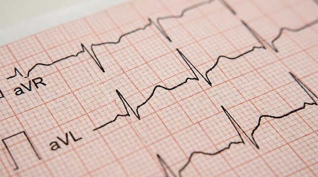 Close up of an electrocardiogram printout showing heart rate rhythm for medical diagnosis