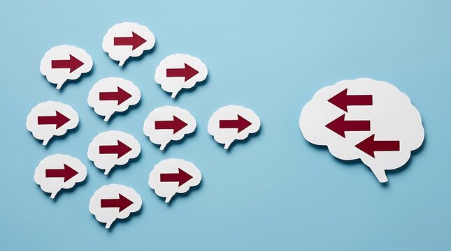 Concept of nonconformity with unique brain icon moving against the crowd on blue background
