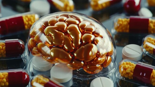 Close-up of pills and capsules with a pill bottle cutout in the center, representing a brain, on a dark background.