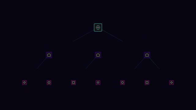Hierarchical flowchart showing data organization or organizational structure with glowing neon geometric icons on a dark background for technology and business themes
