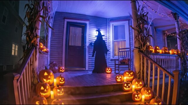 A spooky suburban house decorated for halloween with glowing jack o lanterns and a mysterious witch standing outside