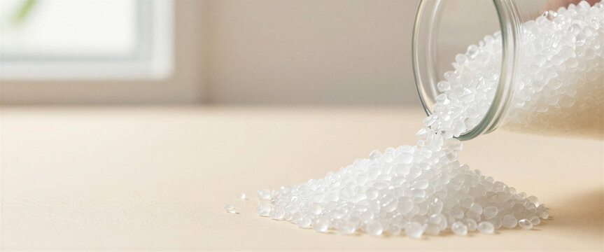 Translucent white plastic polymer pellets pouring from a glass jar on a neutral background representing industrial manufacturing and raw material concept