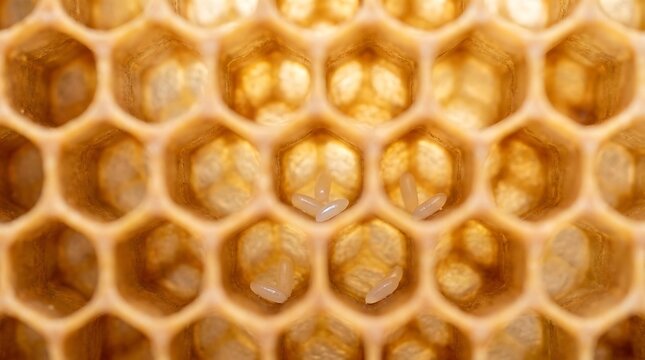 Macro view of honey bee eggs inside wax honeycomb cells in a beehive for agriculture