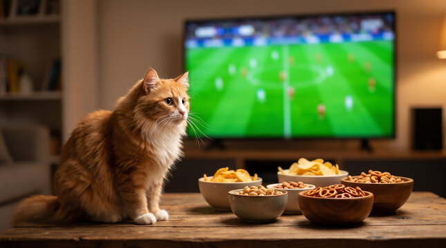 Cute orange cat watching a soccer game on TV with snacks