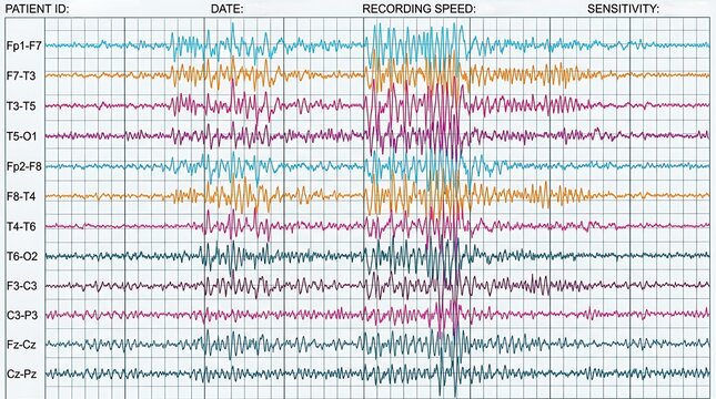 Medical EEG Brain Wave Analysis Report Showing Abnormal Electrical Activity on Grid Paper