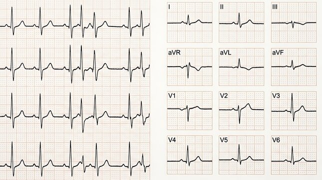 Twelve lead electrocardiogram ECG EKG readout showing normal sinus rhythm heart activity