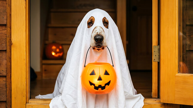 Basset hound dog in ghost costume sitting at doorway with Halloween pumpkin candy bucket
